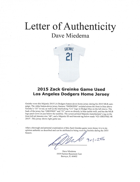 Lot Detail - 2015 Zack Greinke Game Used Los Angeles Dodgers Home Jersey