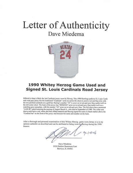 Whitey Herzog Signed Cardinals Jersey (JSA COA) St. Louis Manager  (1980–1990)