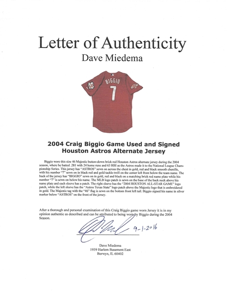 Craig Biggio Game-Worn Signed Astros Jersey - Memorabilia Expert