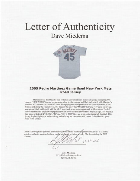 2005-08 Pedro Martinez Game Issued/Worn New York Mets Jersey., Lot  #44092
