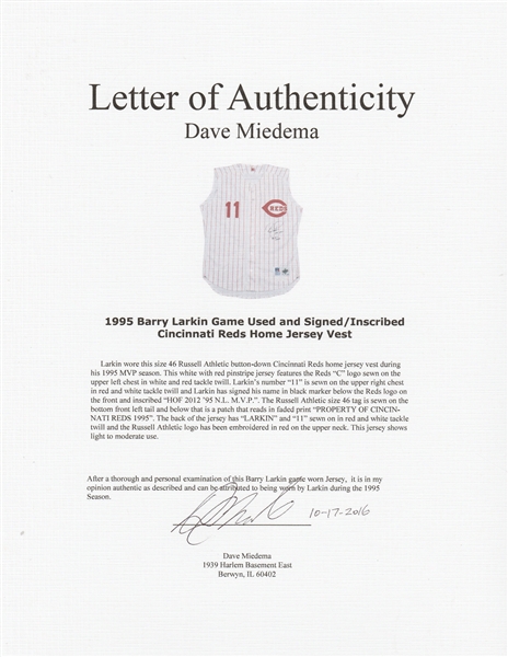 Barry Larkin Autographed Jerseys, Signed Barry Larkin Inscripted