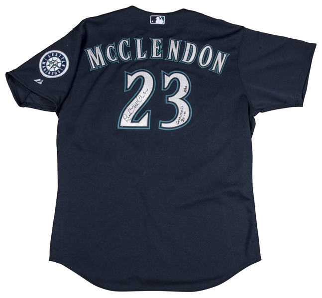 Lot Detail - 2014 Lloyd McClendon Game Worn, Signed & Inscribed Seattle  Mariners Road Alternate Navy Blue Jersey (McClendon LOA)