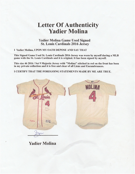 Cardinals Yadier Molina Signed Cream Majestic Cool Base Jersey