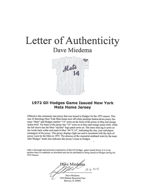 Lot Detail - 1972 Gil Hodges Game Issued New York Mets Home Jersey