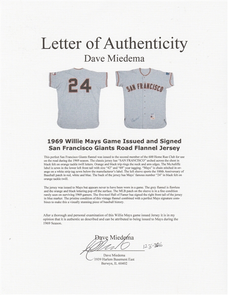Willie Mays Signed San Francisco Giants Game Issued Jersey JSA Graded MINT 9