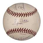 Circa 1955 Hall of Famers Multi-Signed OAL Harridge Baseball With 10 Signatures Including Cobb, Foxx & Waner (PSA/DNA)