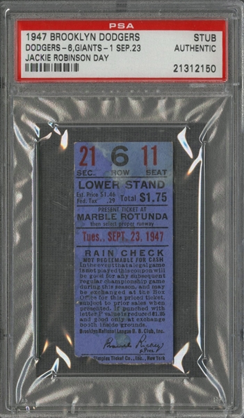 Very Rare 1947 Jackie Robinson "ROBINSON DAY" Ebbets Field Ticket Stub From 9/23/47 (PSA/DNA)