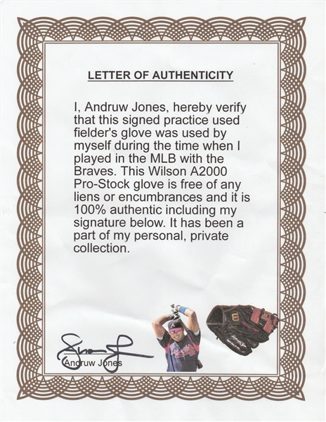 2000 Andruw Jones Game-Worn, Signed Fielder's Glove w/Jones Letter