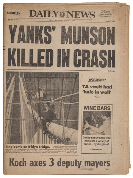 8/3/1979 - NY NEWSPAPER - NY YANKEE THURMAN MUNSON, DIES IN AIR CRASH -  COMPLETE