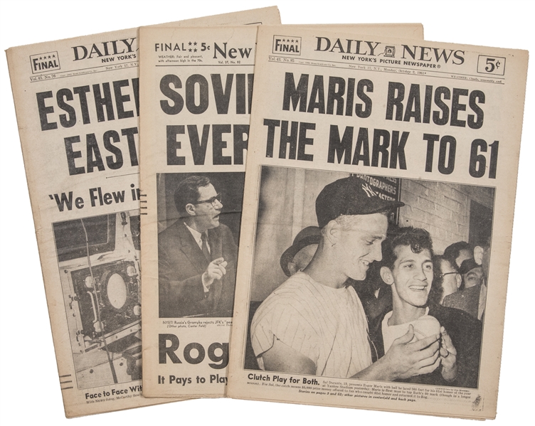 Lot Detail - 1961 New York Daily News Lot of (3) With Roger Maris' 59th,  60th & 61st Home Run - Full Bold Headlines