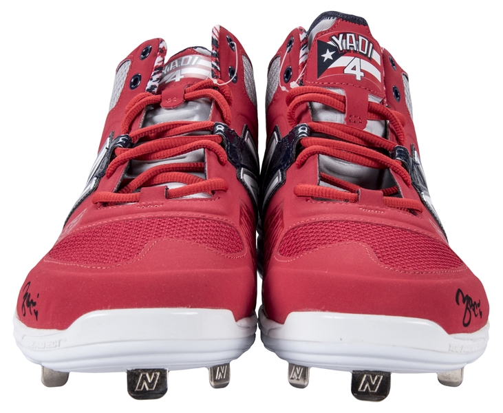Lot Detail - Yadier Molina Game Issued and Signed Red and Navy New Balance  Cleats (Molina LOA)