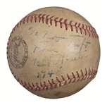 1948 Babe Ruth Singled Signed and Inscribed "To Bob from Babe Ruth 1948" Baseball (JSA)