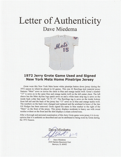 Jerry Grote #15 - White Pinstripe Jersey - 50th Anniversary of the