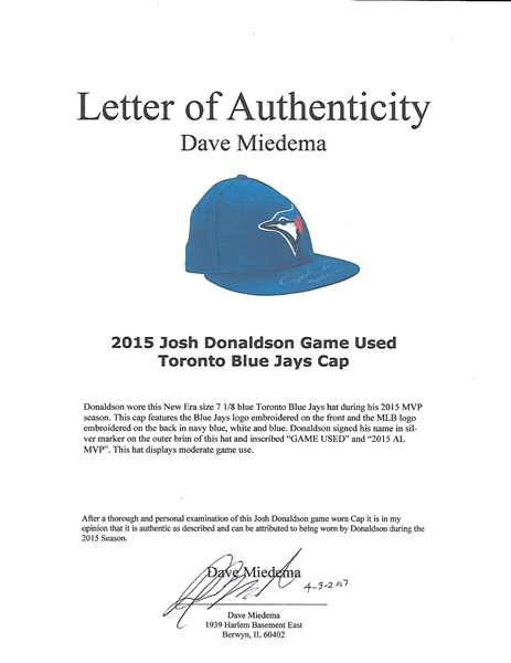 Lot Detail - 2015 Josh Donaldson Game Used and Signed Toronto Blue