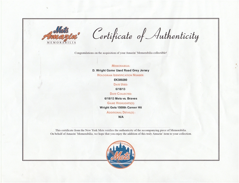 Lot Detail - 2013 David Wright Game Used New York Mets Alternate Home Jersey  (MLB Auth/Mets COA)