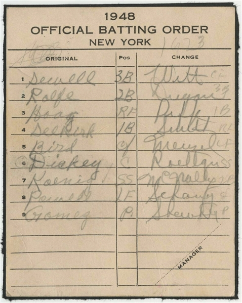 Lot Detail - 1948 New York Yankees Line Up Card From The Babe Ruth