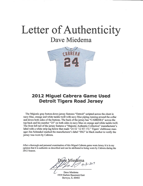 Miguel Cabrera Signed 2012 Detroit Tigers Game-Used Jersey