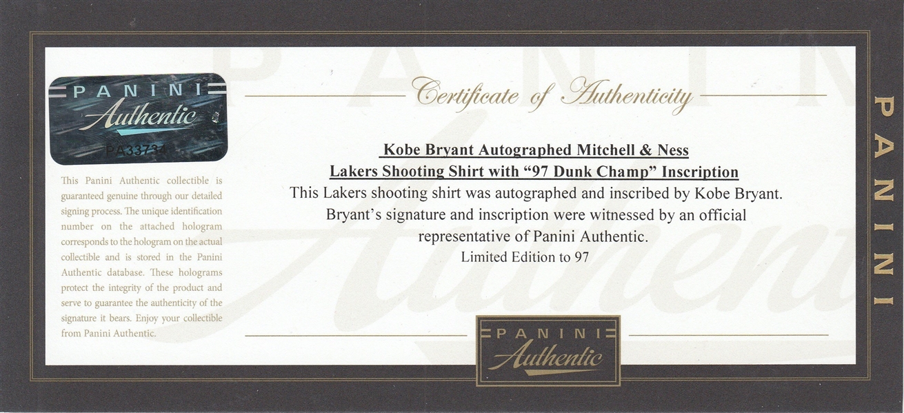 Kobe Bryant Signed, Inscribed 97 Dunk Champ Los Angeles Lakers Mitchell &  Ness NBA Hardwood Classics Shirt (#34/97) - Panini COA, Fanatics Sticker on  Goldin Auctions
