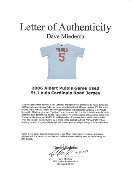 Lot Detail - 2006 Albert Pujols Game Used St. Louis Cardinals Road Jersey