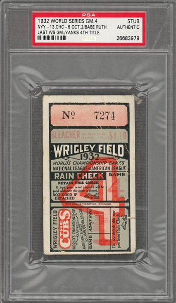 1932 World Series Game 4 Ticket Stub, Babe Ruth Last World Series Game  (PSA 3)