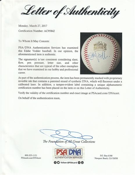 EDDIE VEDDER Signed First Pitch Card PSA/DNA 10 Auto 2015 Topps Baseball