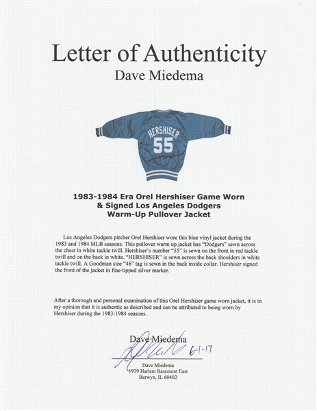 Lot Detail - 1983-84 Era Orel Hershiser Game Used & Signed Los Angeles Dodgers  Warm-Up Pullover Jacket (PSA/DNA & Beckett)