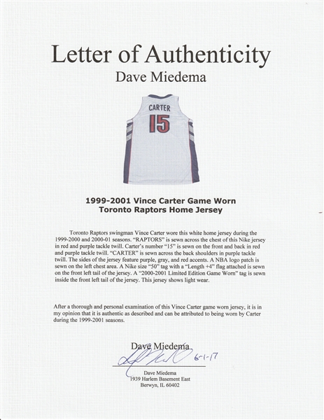 2000-2001 Vince Carter Toronto Raptors game used jersey