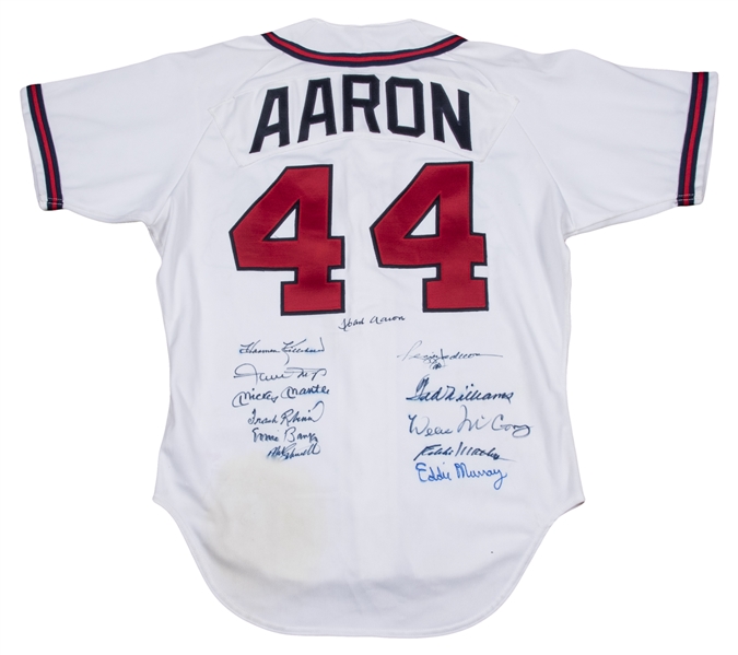 Lot Detail - Hank Aaron Multi-Signed Atlanta Braves Jersey With 12  Signatures From 500 Home Run Club Including Aaron, Mantle, Williams & Banks  (Beckett)