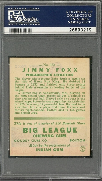 Lot Detail - 1933 Goudey #154 Jimmie Foxx Signed Card – PSA/DNA NM