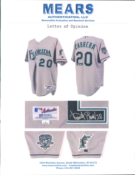 2004 Miguel Cabrera Game-Issued, Signed Florida Marlins Road Jersey - MEARS  A5, Beckett on Goldin Auctions