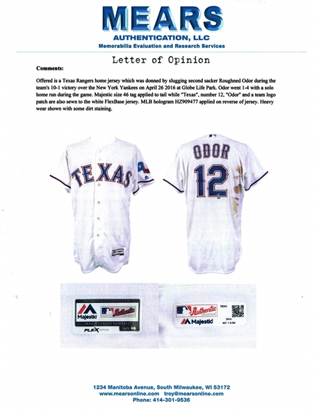 Game-Used White Jersey - Rougned Odor - 9/9/17