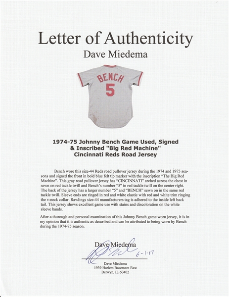 Lot Detail - 1974-75 Johnny Bench Game Used, Signed & Inscribed Big Red  Machine Cincinnati Reds Road Jersey (Letter of Provenance)