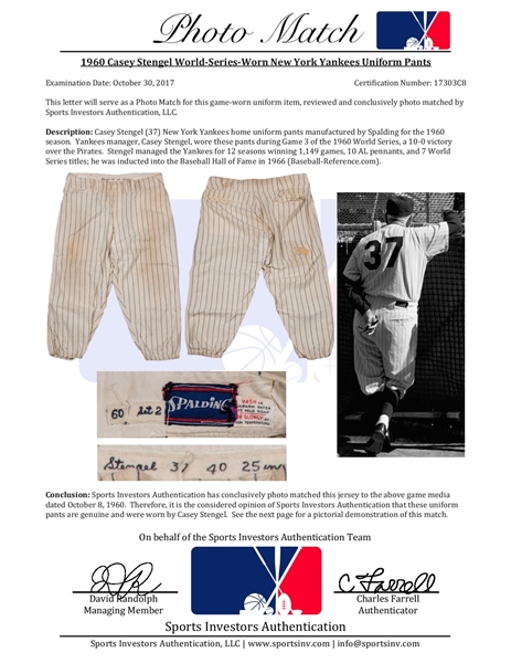 Lot Detail - 1960 Casey Stengel World Series Game Used & Photo