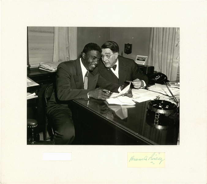Lot Detail - Jackie Robinson & Branch Rickey Photo of Contract Signing With  Rickey Signed Cut In 16x18 Matted Display (JSA)