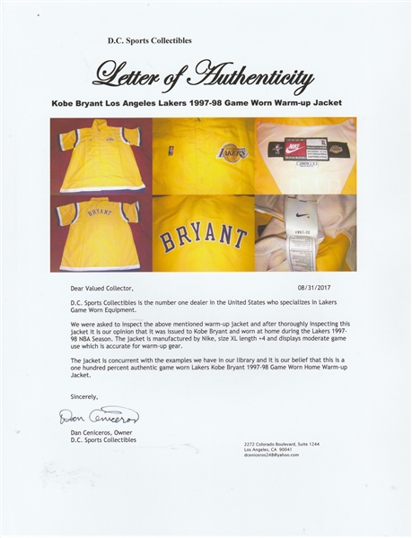 Lot Detail - 1997-98 Kobe Bryant Game Used Los Angeles Lakers Warm