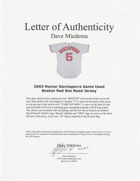 Nomar Garciaparra player worn jersey patch baseball card (Boston Red Sox)  2003 Fleer Showcase Sweet Stitches #NG LE 73/899