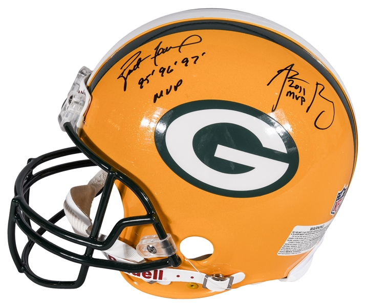 Bart Starr Aaron Rodgers Brett Favre Signed Packers Pro NFL Football Helmet  JSA
