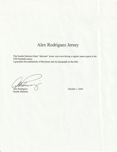 Alex Rodriguez Game Worn Signed Jersey 2000 Seattle Mariners