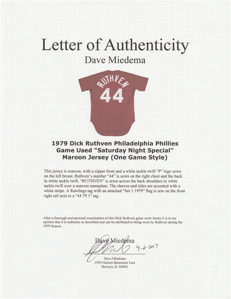 Lot Detail - 1979 Dick Ruthven Philadelphia Phillies Game Used Saturday  Night Special Maroon Jersey (One Game Style)