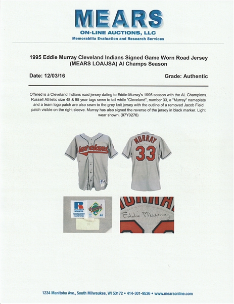 1994 Eddie Murray Game Worn Cleveland Indians Jersey.  Baseball, Lot  #81939
