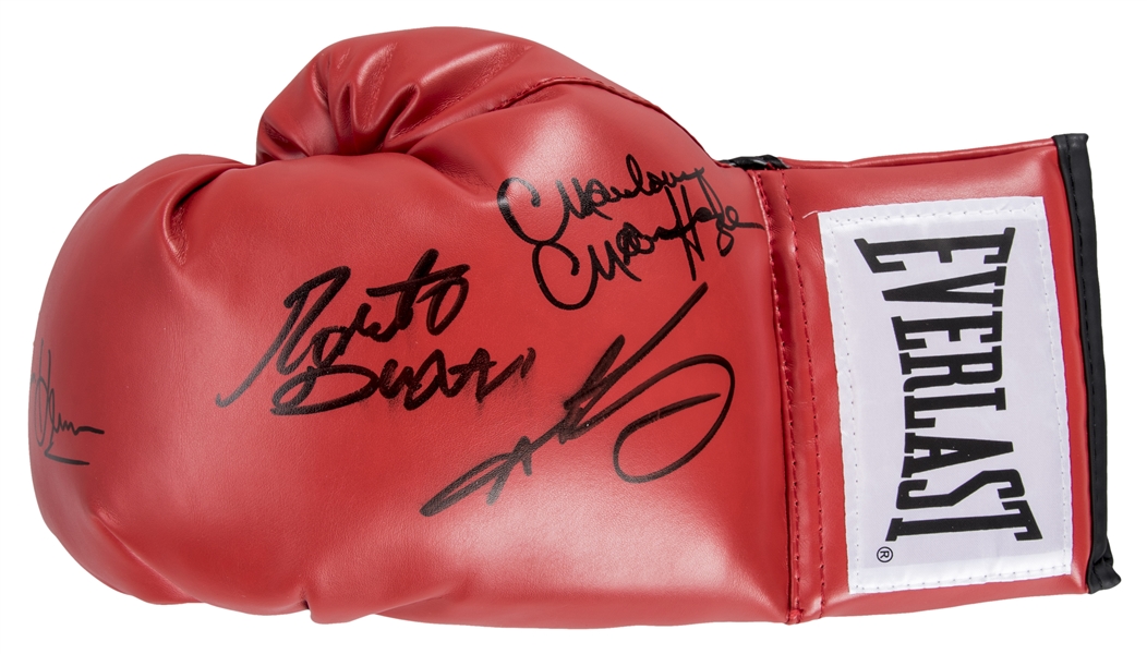 THOMAS HEARNS & ROBERTO DURAN RH PSA/DNA STOCK #112583 BOXING GREATS AUTOGRAPHED BLACK EVERLAST BOXING GLOVE WITH 3 SIGNATURES INCLUDING SUGAR RAY LEONARD 