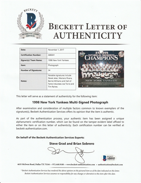 1998 Yankees Team Signed World Series Jersey Jeter, Rivera Beckett COA  #4/125