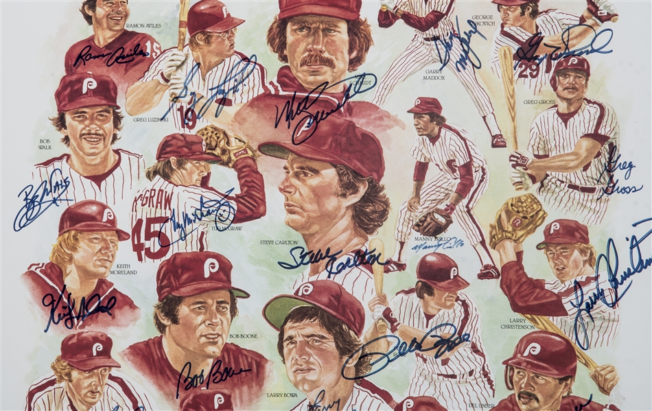 Lot Detail - 1980 World Series Champions Philadelphia Phillies Team Signed  Litho with 33 Signatures Including Carlton & Schmidt In 25x32 Framed  Display (Beckett)