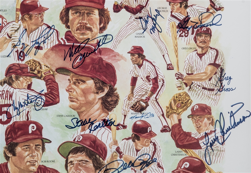 Lot Detail - 1980 World Series Champions Philadelphia Phillies Team Signed  Litho with 33 Signatures Including Carlton & Schmidt In 25x32 Framed  Display (Beckett)