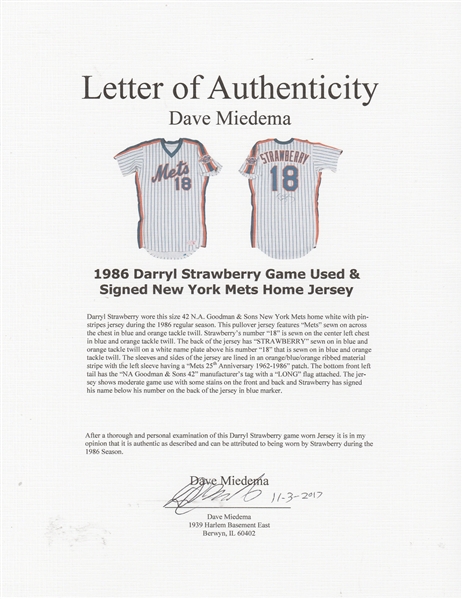 Lot Detail - 1986 Darryl Strawberry New York Mets Game-Used Home Jersey  (Championship Season • Photo-Matched)