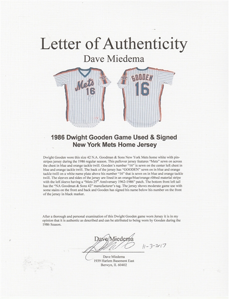 Lot Detail - 1986 Dwight Gooden New York Mets Game-Used & Autographed Home  Pinstripe Jersey (JSA • Championship Season)