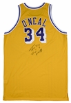 1998 Shaquille ONeal Game Used, Signed & Photo Matched Los Angeles Lakers Home Jersey Worn on 02/04/98 (JSA & Resolution Photomatching)