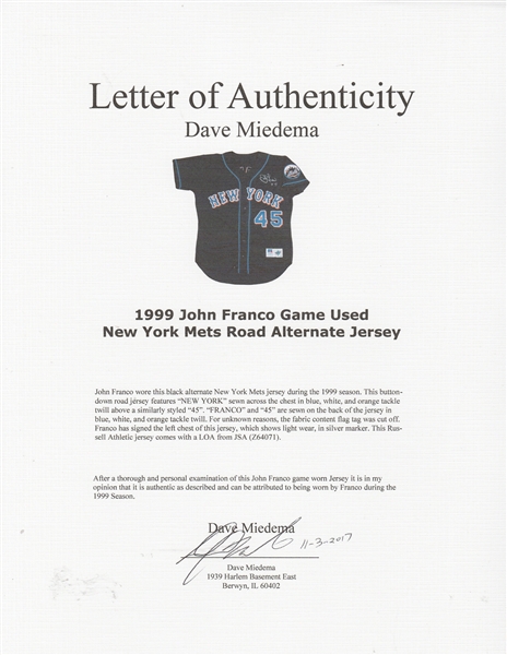 John Franco Autographed Signed New York Mets Jersey (JSA COA) 3Xnl Saves  Leader / 4Xall Star