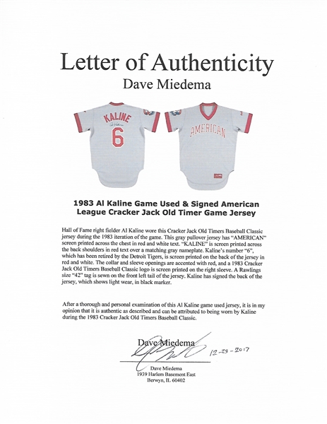Lot Detail - 1983 Al Kaline Game Used & Signed American League Cracker Jack  Old Timer Game Jersey (PSA/DNA)