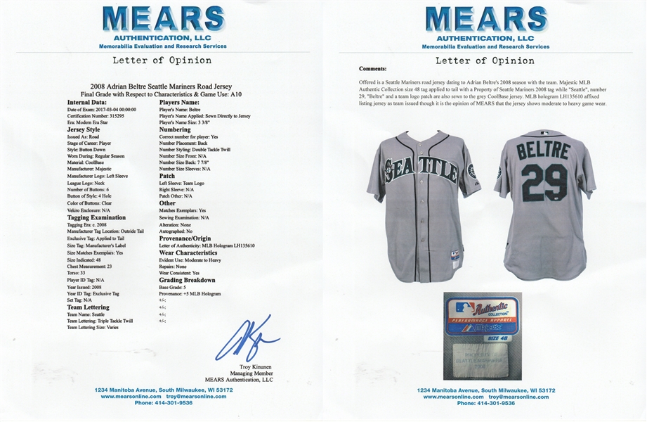 Lot Detail - 2008 Adrian Beltre Game Used Seattle Mariners Road Jersey (MLB  Authenticated & MEARS A10)